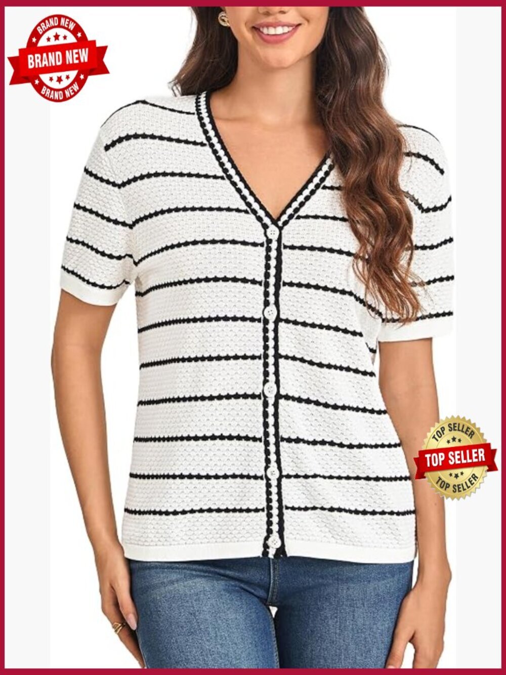 Short Sleeve V Neck Button Down Knit Cardigan - Lightweight Striped Silk Blend